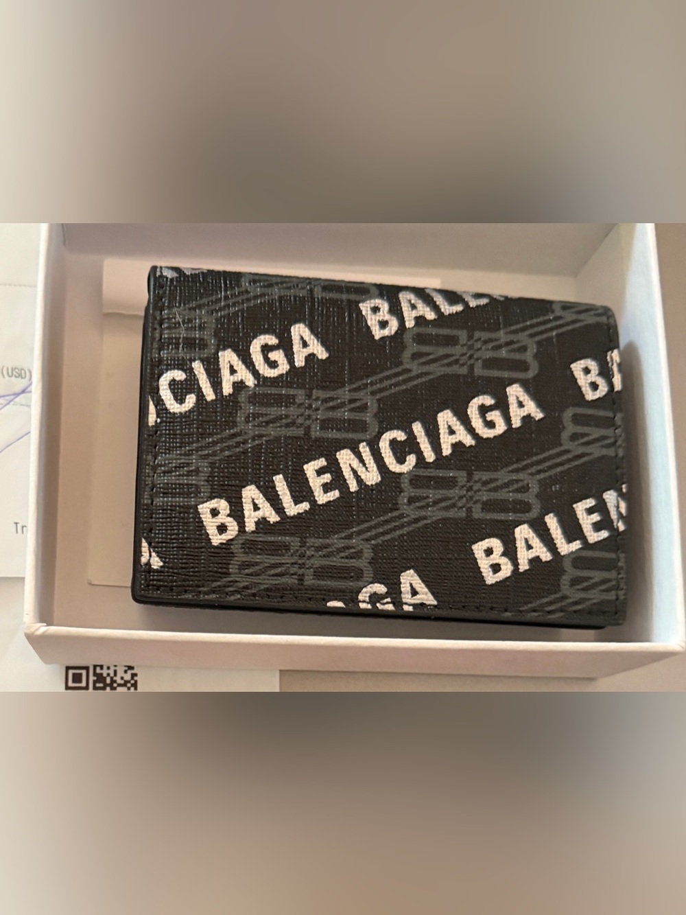 Brand new in a box Balenciaga Logo Print Tri-Fold Black Leather Wallet